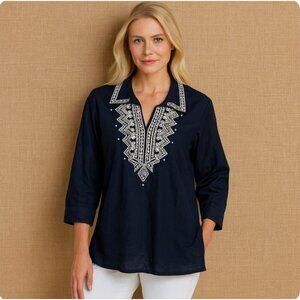 Talbots Women’s Navy Blue White Embroidered Tunic Top Size 18 W 18W 3/4 Sleeve